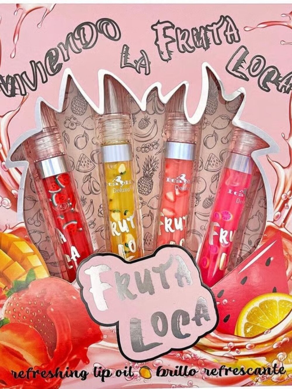 Italia Deluxe Fruta Loca Lip Oils-4 PK-Watermelon, Mango, Lemon, Strawberry-NEW